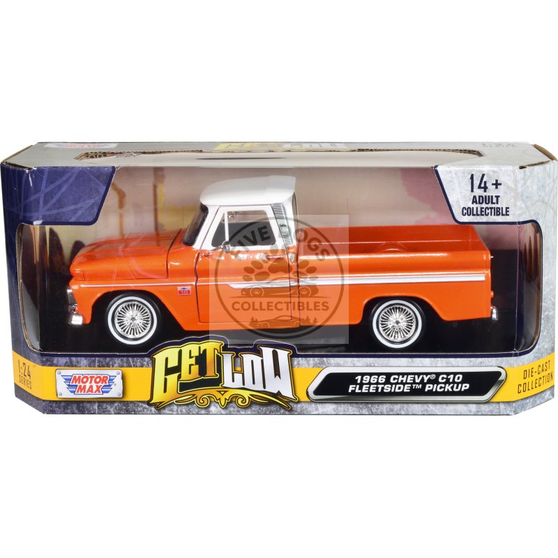 1966 chevrolet c10 fleetside pickup truck lowrider orange metallic with white top "get low" series 1/24 diecast model car by motormax
