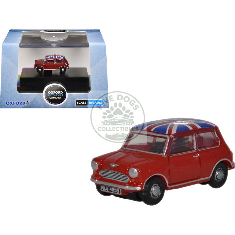 austin mini rhd (right hand drive) tartan red with union jack top 1/148 (n) scale diecast model car by oxford diecast