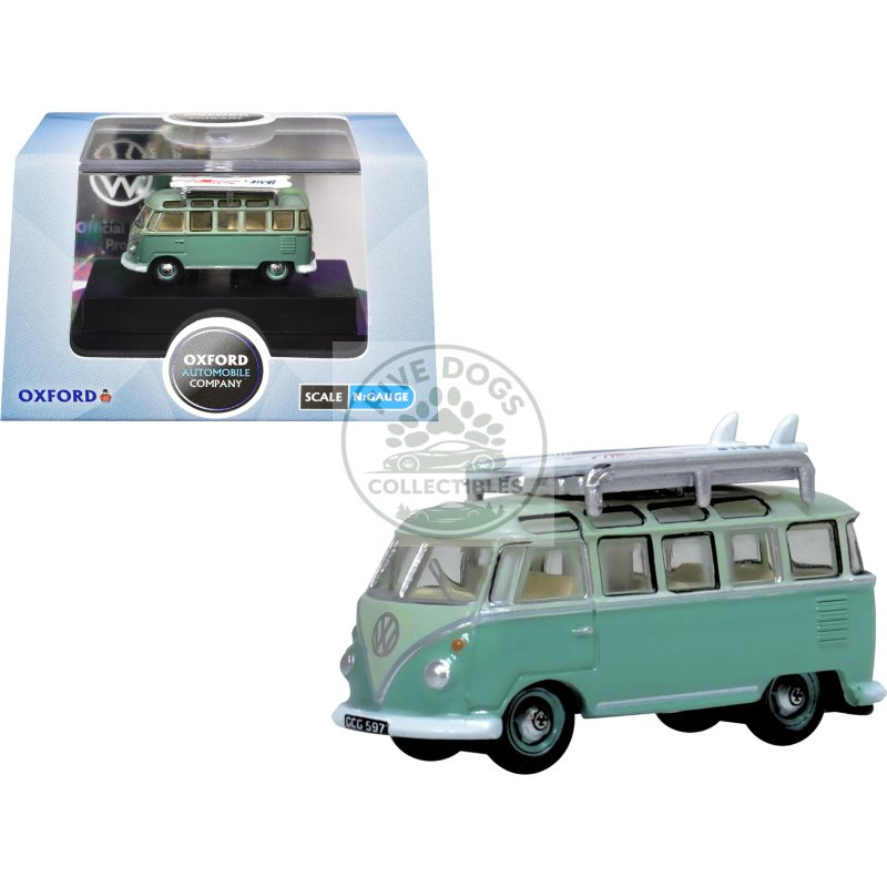 volkswagen t1 samba bus rhd (right hand drive) green two tone with surfboards on roof rack 1/148 (n) scale diecast model car by oxford diecast