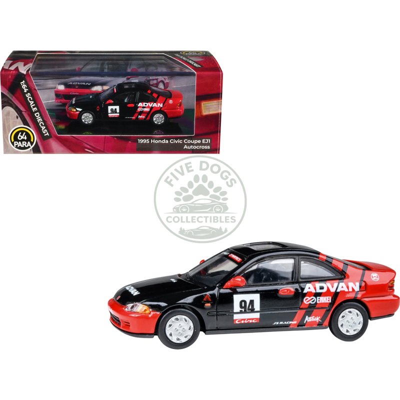 1995 honda civic coupe ej1 #94 "autocross advan" black and red 1/64 diecast model car by paragon