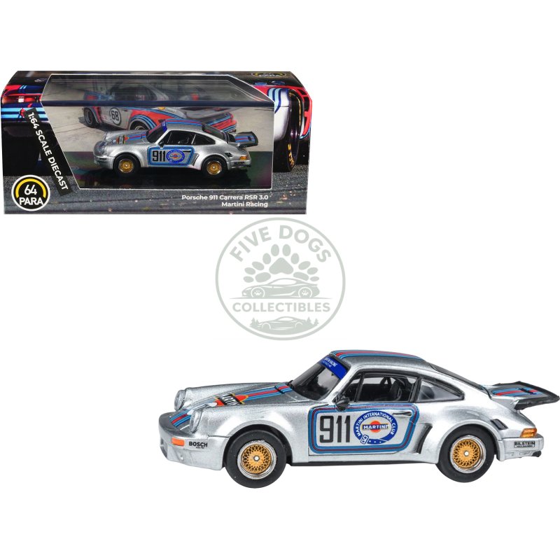 porsche 911 carrera rsr 3.0 "martini racing" silver metallic with stripes 1/64 diecast model car by paragon