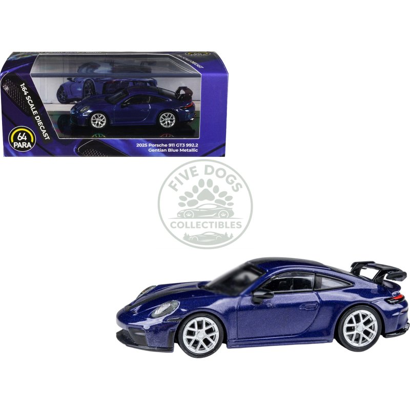 2025 porsche 911 gt3 (992.2) gentian blue metallic with carbon stripe 1/64 diecast model car by paragon