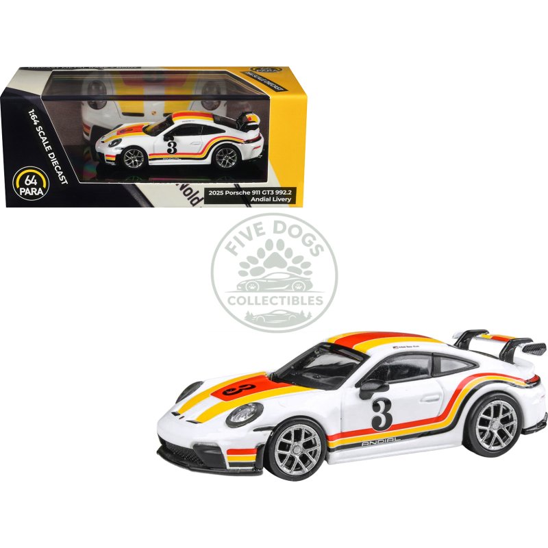 2025 porsche 911 gt3 (992.2) #3 "andial livery" white with stripes 1/64 diecast model car by paragon