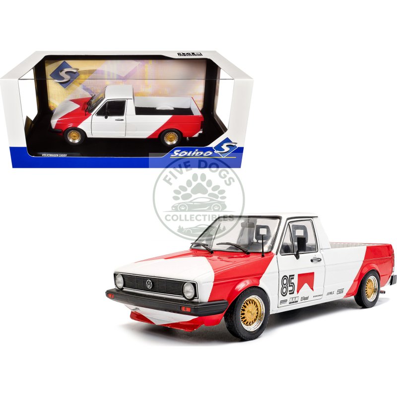 1983 volkswagen caddy mk 1 pickup truck "red cowboy racing tribute" white and red 1/18 diecast model car by solido