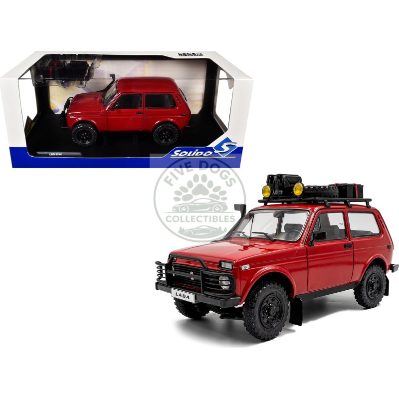 1980 lada niva red with roof rack and accessories 1/18 diecast model car by solido