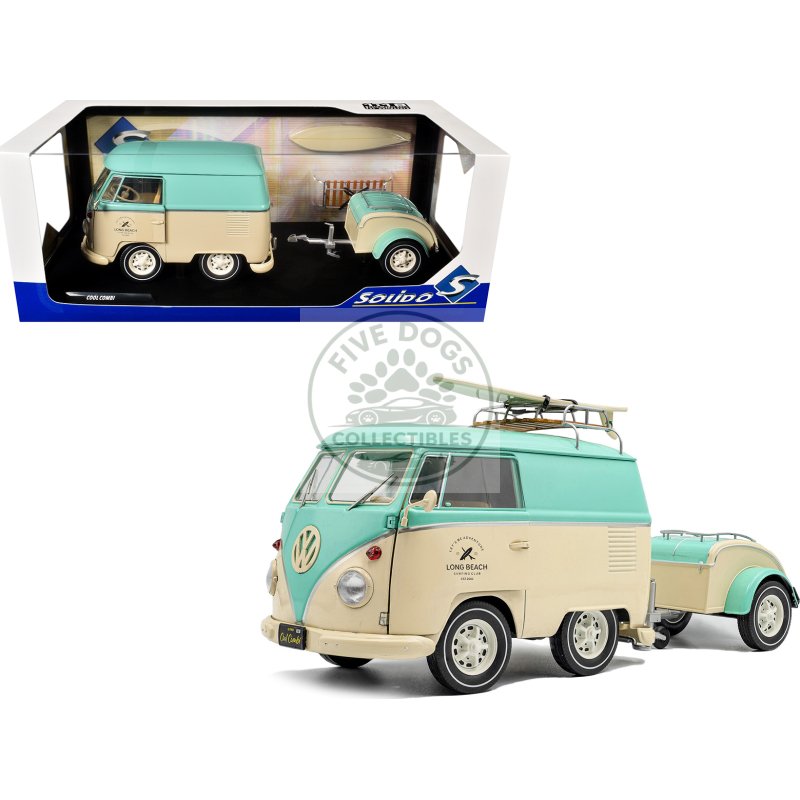 2024 volkswagen cool combi van with trailer "long beach surfing club" mint green and cream with roof rack and surfboard 1/18 diecast model car by solido