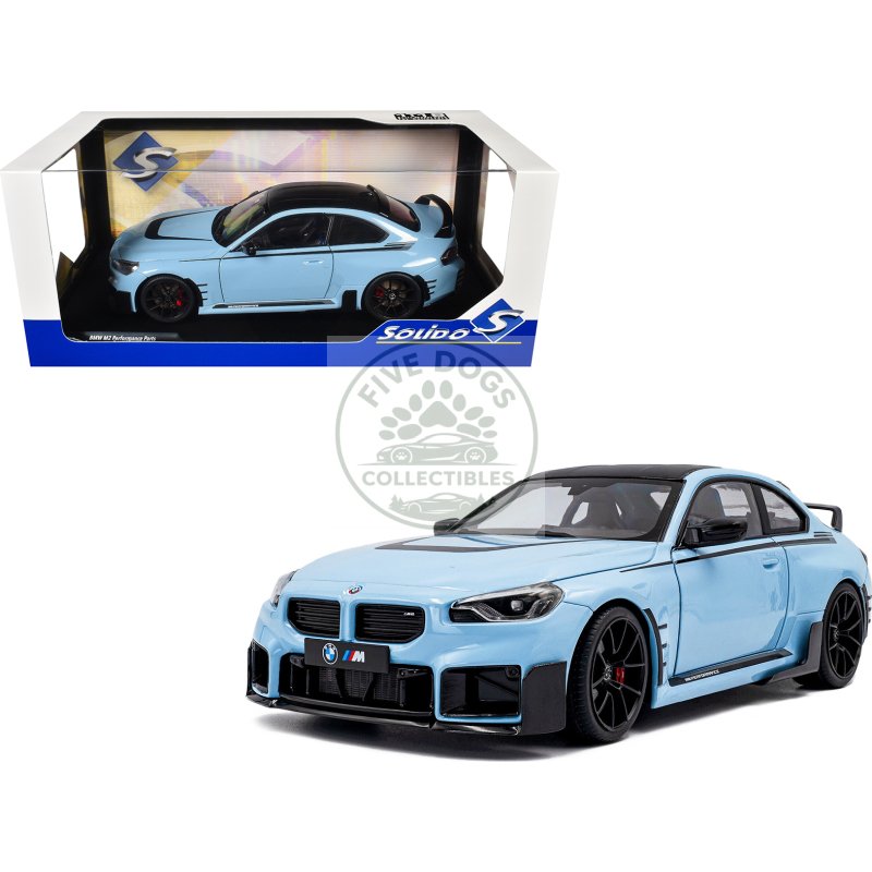 2024 bmw m2 performance parts zandvoort blue with carbon top and black stripes 1/18 diecast model car by solido