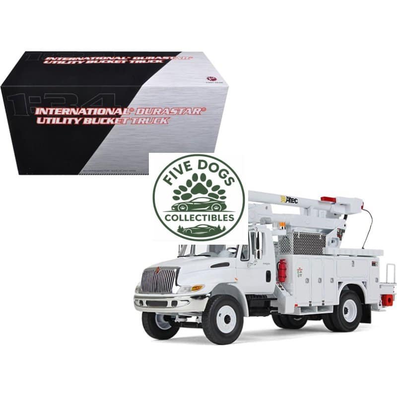 White utility bucket truck with extendable arm and safety features.