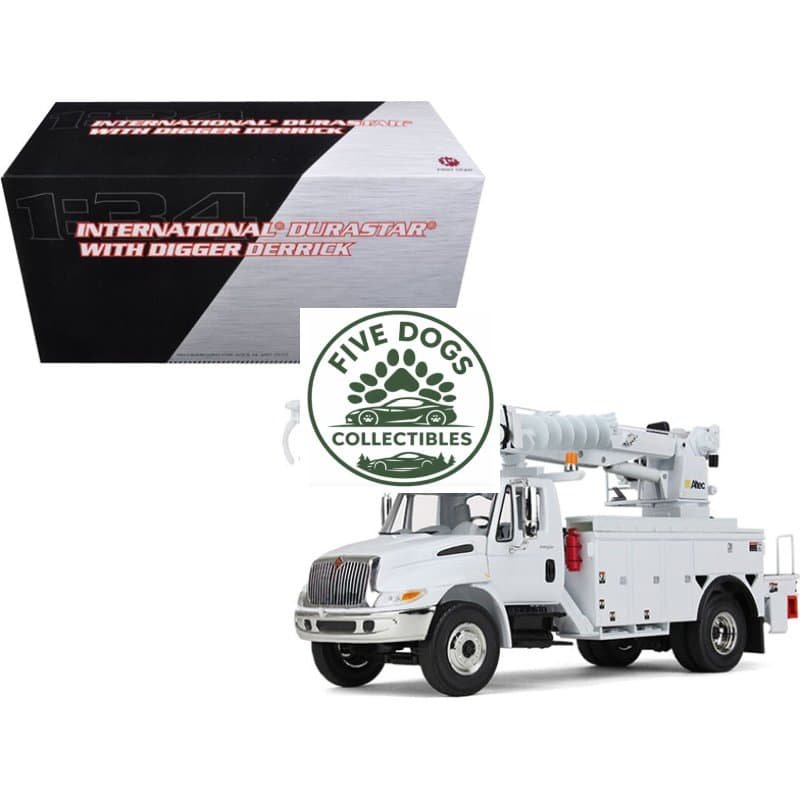 White utility truck with digger derrick and equipment for utility work.