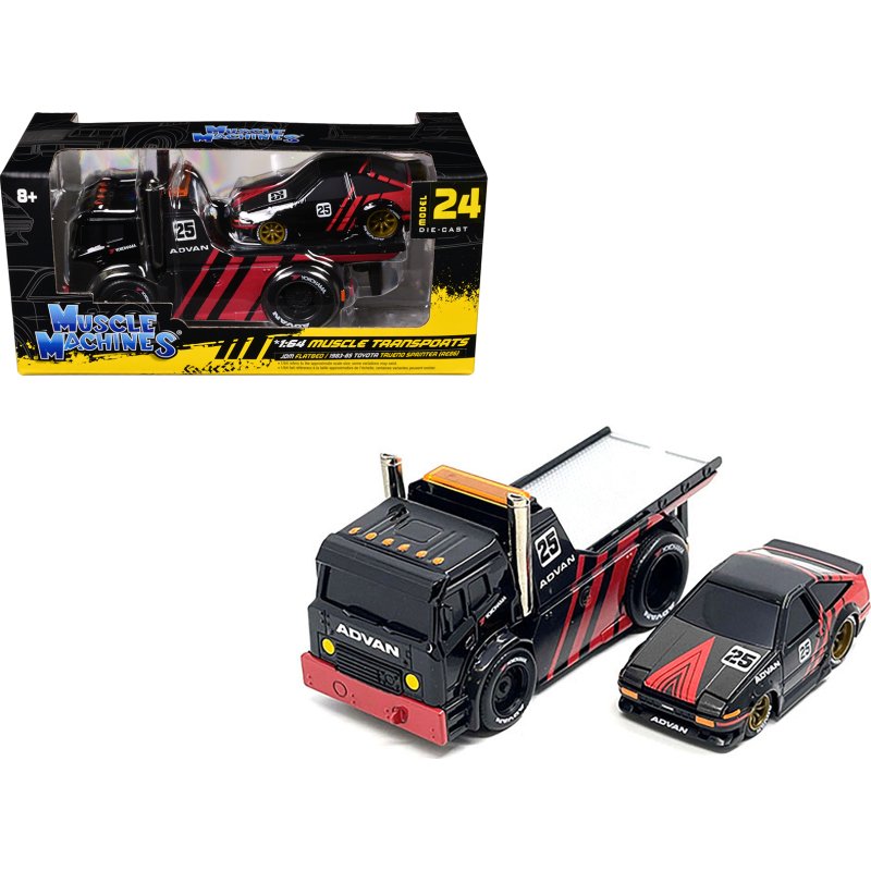 jdm flatbed truck #25 black and red and 1983 85 toyota trueno sprinter (ae86) #25 black and red "advan" livery "muscle transports" series 1/64 diecast models by muscle machines