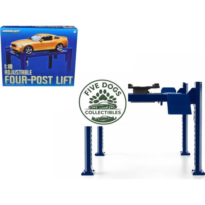 Blue adjustable four-post lift for car maintenance and repair.
