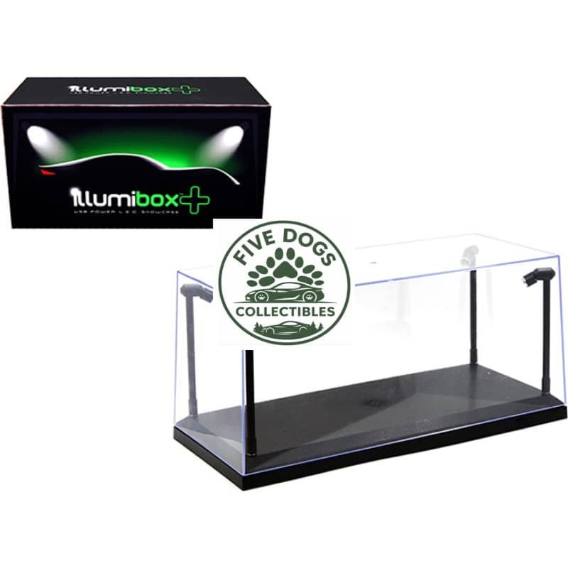 Illuminated acrylic display case with LED lights for collectibles and models.