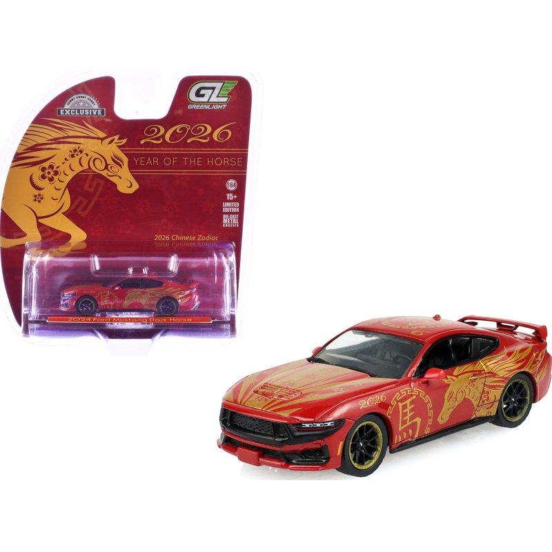 2024 ford mustang dark horse "chinese zodiac 2026 year of the horse" red with gold graphics "hobby exclusive" series 1/64 diecast model car by greenlight