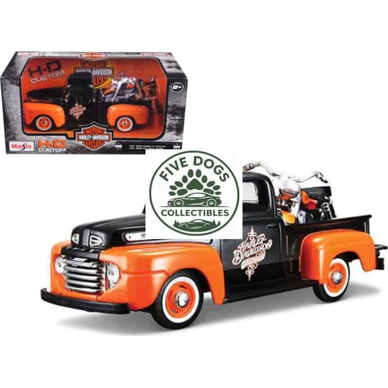 Vintage Harley-Davidson truck and motorcycle collectible toy set, detailed miniature with black and.