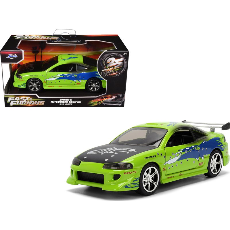 brian's mitsubishi eclipse green with graphics (damaged version) "25 years of fast & furious" "the fast and the furious" (2001) movie 1/32 diecast model car by jada