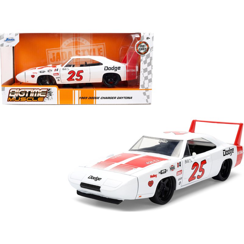 1969 dodge charger daytona #25 white with red stripes "bigtime muscle" series 1/24 diecast model car by jada