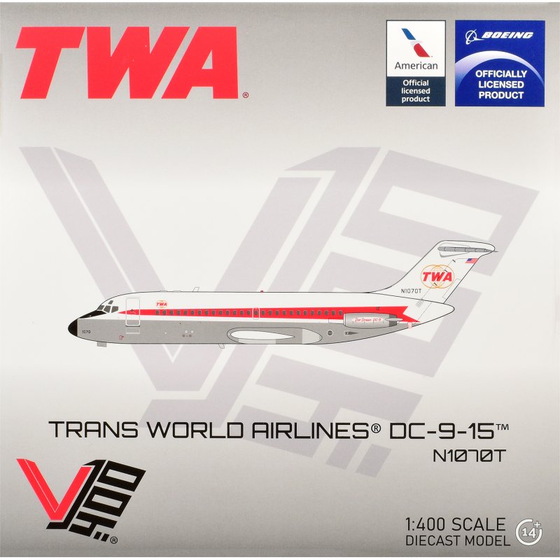 mcdonnell douglas dc 9 15 commercial aircraft "trans world airlines" (n1070t) white with red stripes 1/400 diecast model by v1:400