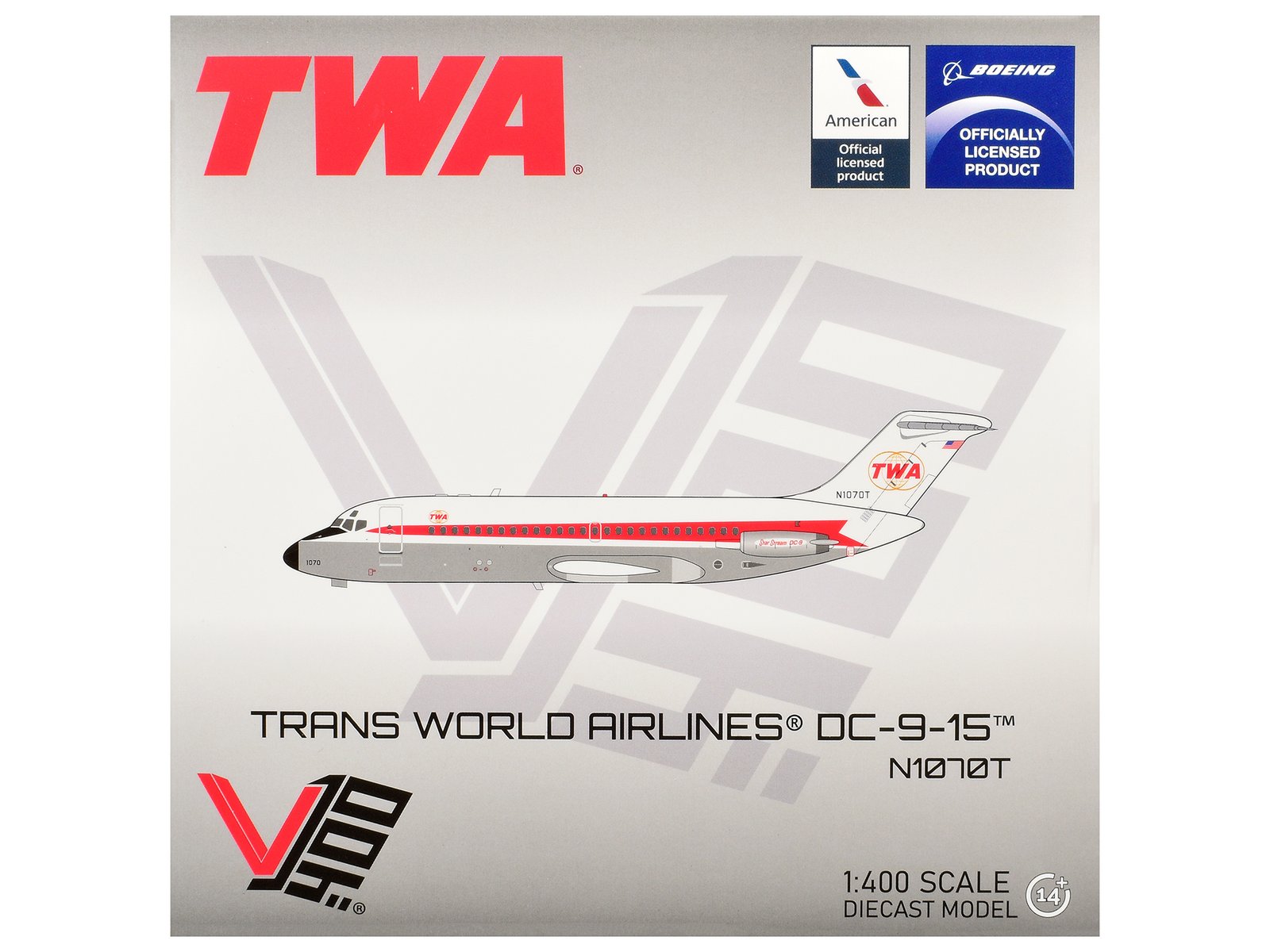 mcdonnell douglas dc 9 15 commercial aircraft "trans world airlines" (n1070t) white with red stripes 1/400 diecast model by v1:400 mcdonnell douglas dc 9 15 commercial aircraft "trans world airlines" (n1070t) white with red stripes 1/400 diecast model by v1:400