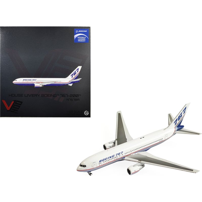 boeing 767 200 commercial aircraft "boeing house livery" (n767ba) white with blue and red stripes 1/400 diecast model by v1:400