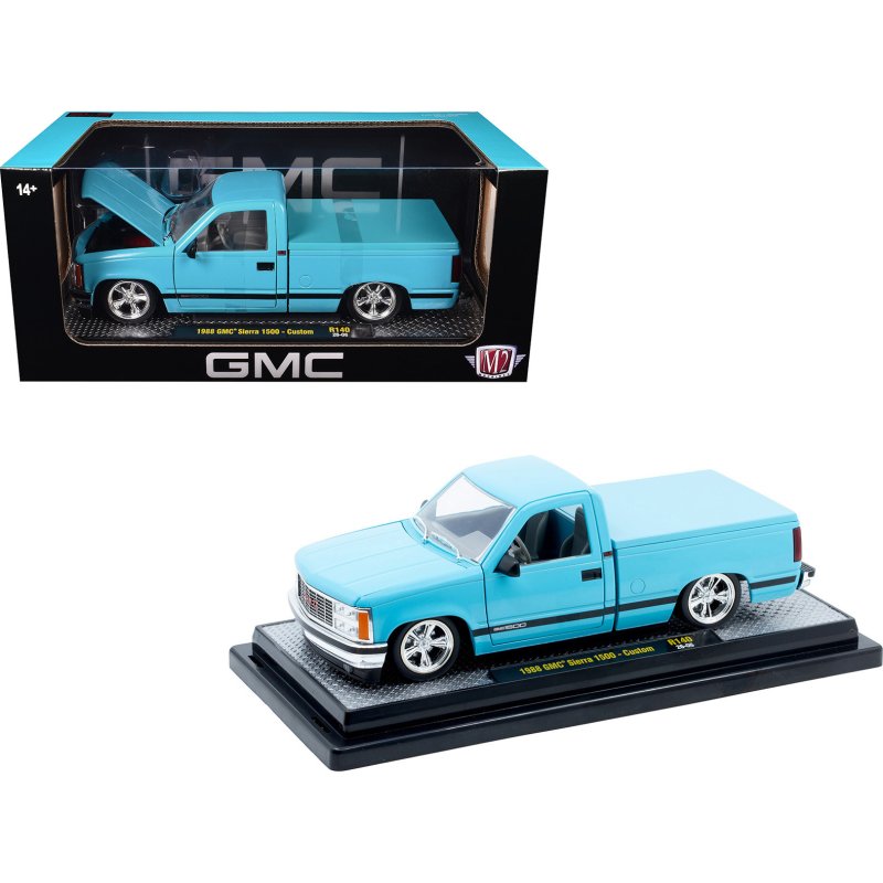 1988 gmc sierra 1500 custom pickup truck light blue with black stripes limited edition to 9250 pieces worldwide 1/24 diecast model car by m2 machines