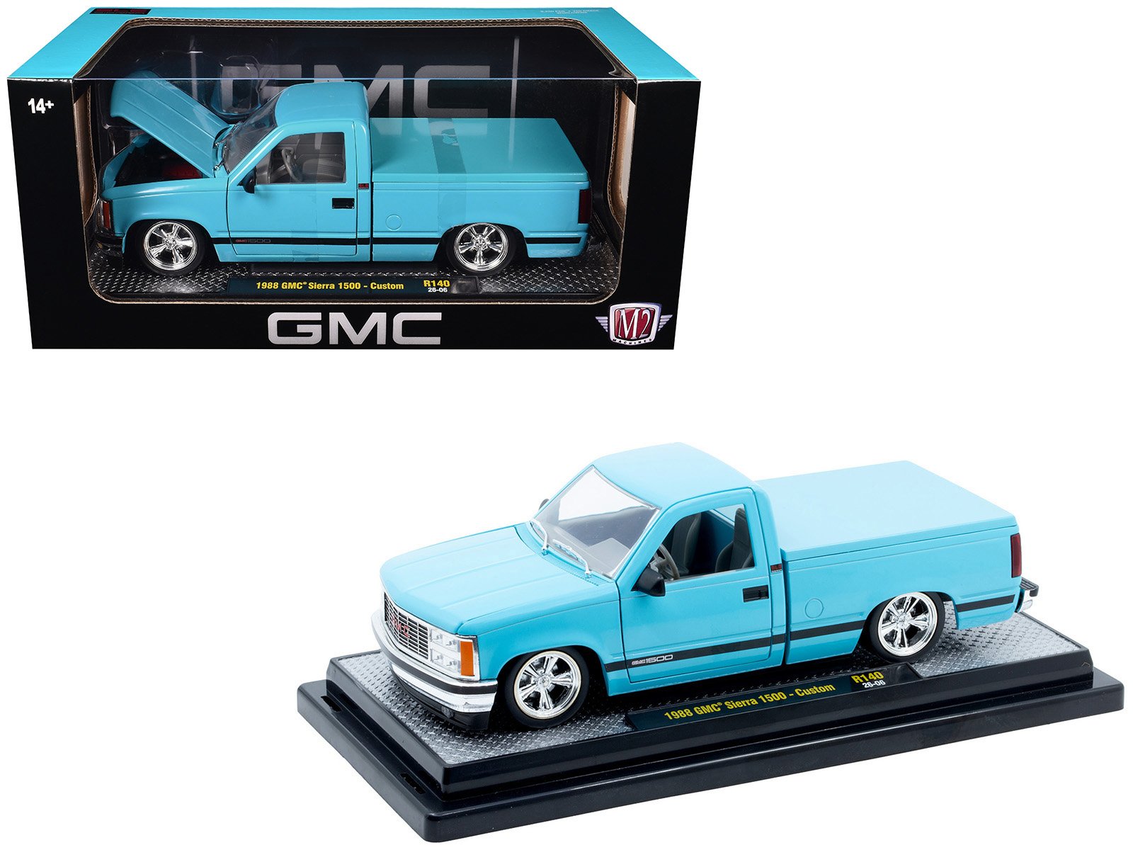 1988 gmc sierra 1500 custom pickup truck light blue with black stripes limited edition to 9250 pieces worldwide 1/24 diecast model car by m2 machines 1988 gmc sierra 1500 custom pickup truck light blue with black stripes limited edition to 9250 pieces worldwide 1/24 diecast model car by m2 machines