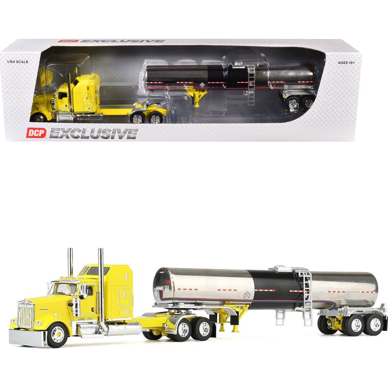 kenworth w900l with 60" aerodyne sleeper and brenner tank trailer "double c transport" yellow 1/64 diecast model by dcp/first gear