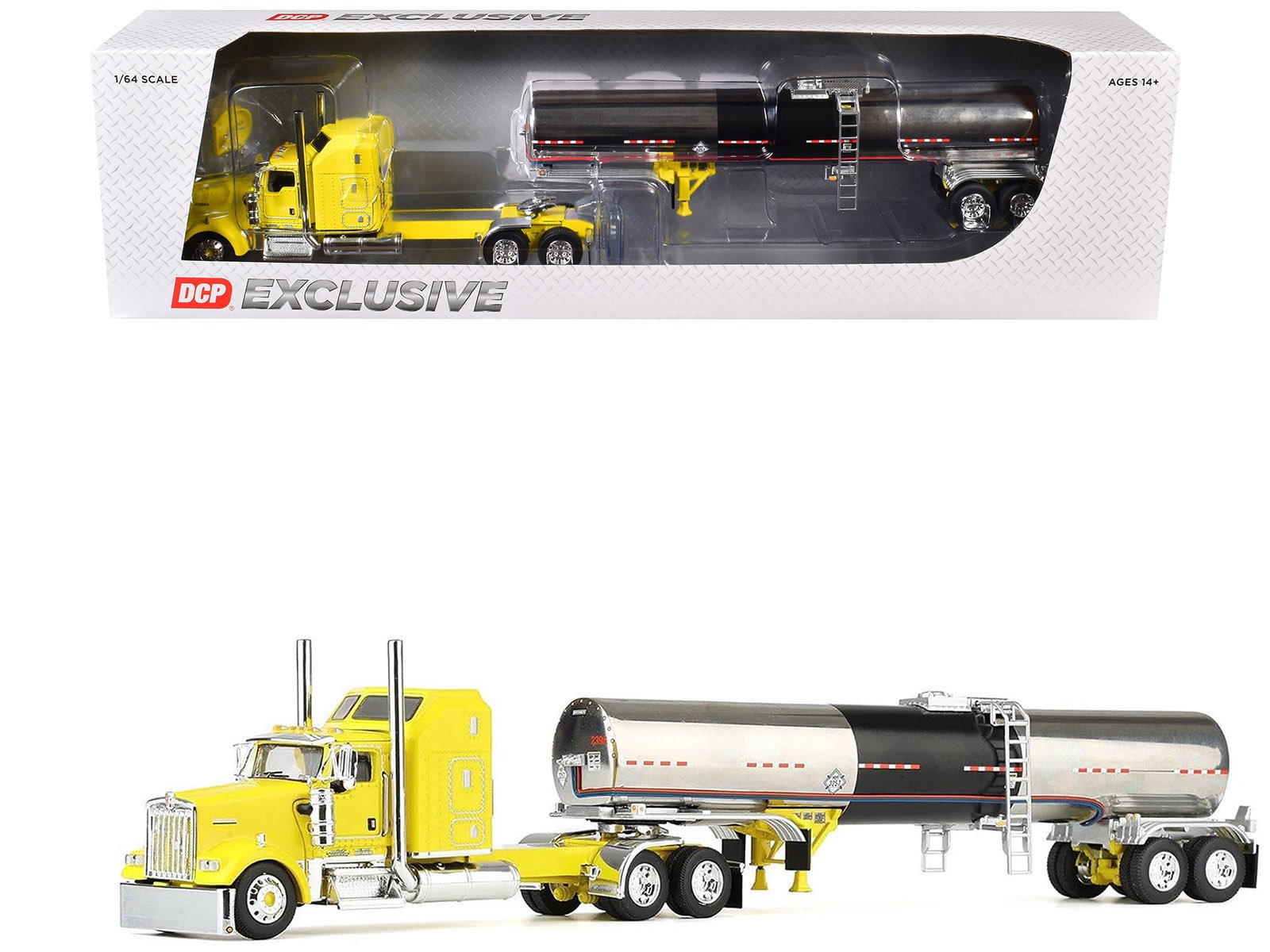 kenworth w900l with 60" aerodyne sleeper and brenner tank trailer "double c transport" yellow 1/64 diecast model by dcp/first gear kenworth w900l with 60" aerodyne sleeper and brenner tank trailer "double c transport" yellow 1/64 diecast model by dcp/first gear