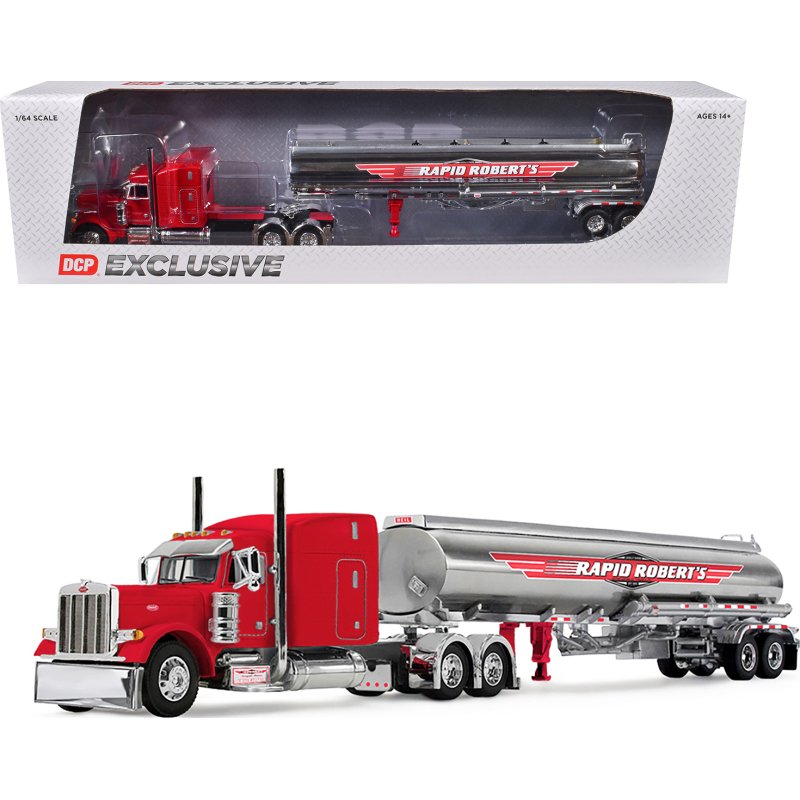 peterbilt 379 with 63" mid roof sleeper and heil fuel tank trailer "rapid roberts" red 1/64 diecast model by dcp/first gear