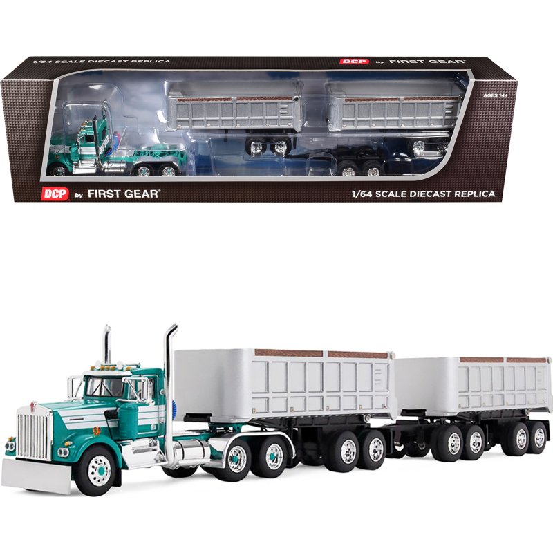 kenworth w900a day cab with 22' dual end dump trailers turquoise with white stripes 1/64 diecast model by dcp/first gear
