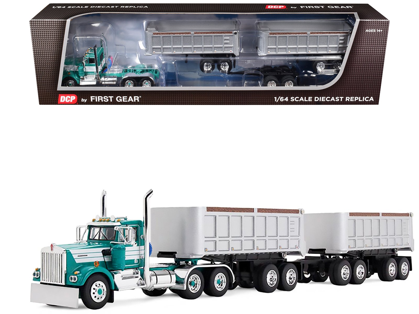 kenworth w900a day cab with 22' dual end dump trailers turquoise with white stripes 1/64 diecast model by dcp/first gear kenworth w900a day cab with 22' dual end dump trailers turquoise with white stripes 1/64 diecast model by dcp/first gear