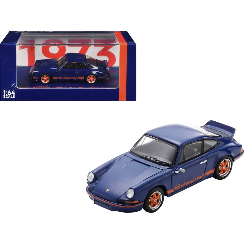 1973 porsche 911 rs 2.7 blue with orange stripes 1/64 model car by spark