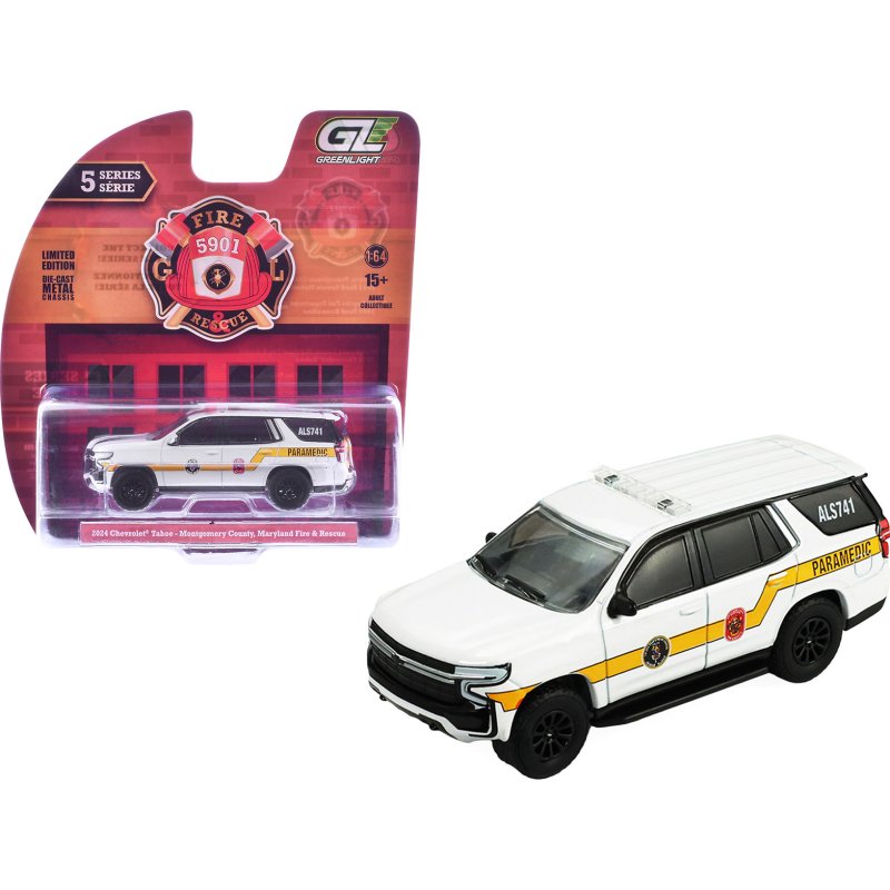 2024 chevrolet tahoe "montgomery county maryland fire & rescue bethesda chevy chase rescue squad" white with yellow stripes "fire & rescue" series #5 1/64 diecast model car by greenlight