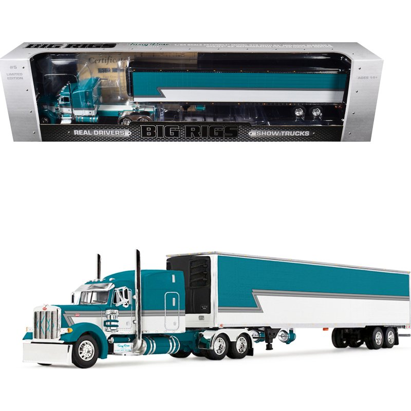 peterbilt 379 with 63" mid roof sleeper and 53' utility trailer with reefer "tway rose transport" teal and white with stripes "big rigs" series ii #5 1/64 diecast model by dcp/first gear