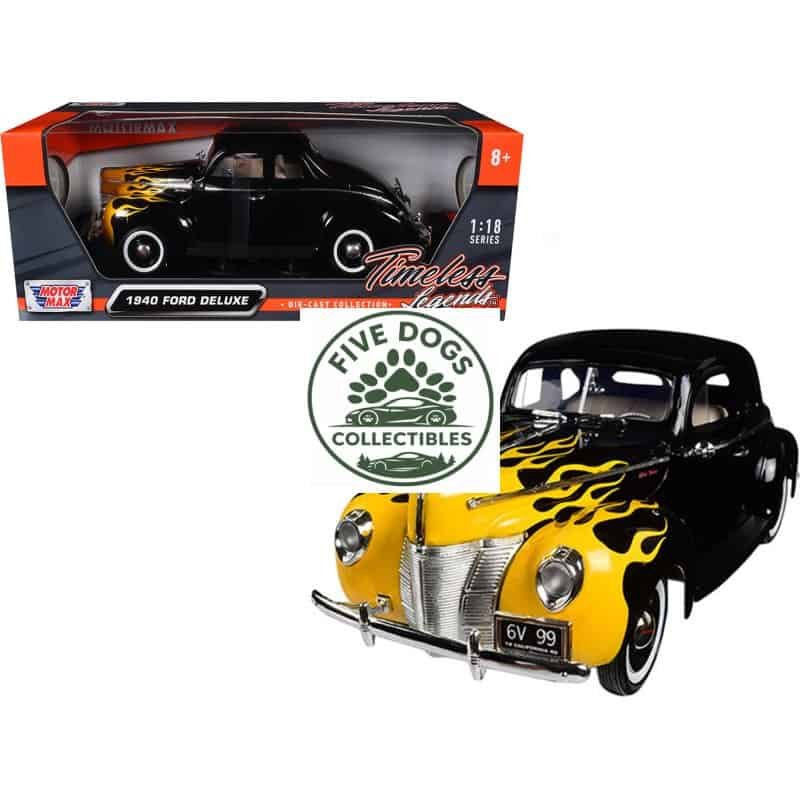 Detailed 1940 Ford Deluxe die-cast collectible toy with black and yellow flame design.