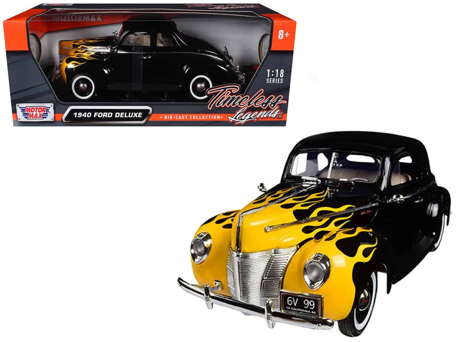 Vintage 1940 Ford Deluxe Die-Cast Model Car Detailed 1940 Ford Deluxe die-cast collectible toy with black and yellow flame design.