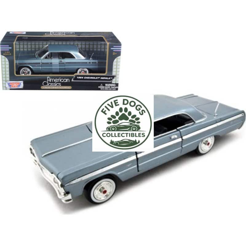 Vintage 1964 Chevrolet Impala diecast model car in light blue with detailed interior and chrome acce.