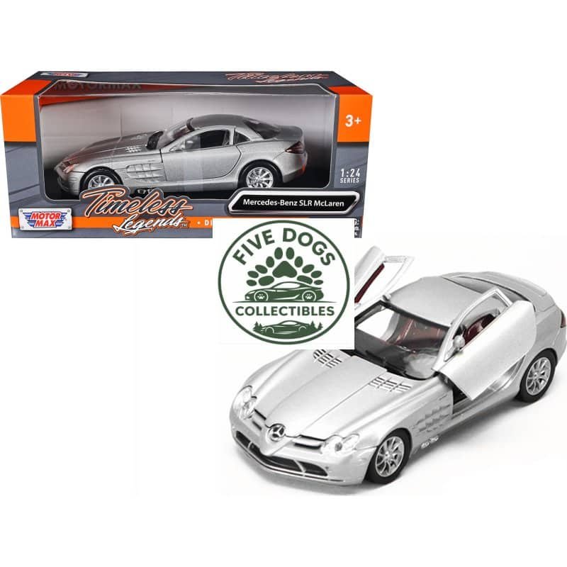 Detailed silver Mercedes-Benz SLR McLaren die-cast collectible car, perfect for car enthusiasts and.