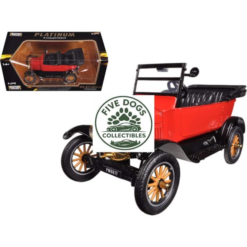 Vintage red toy car with black seats and gold accents, perfect for dog collectors and vintage toy en.