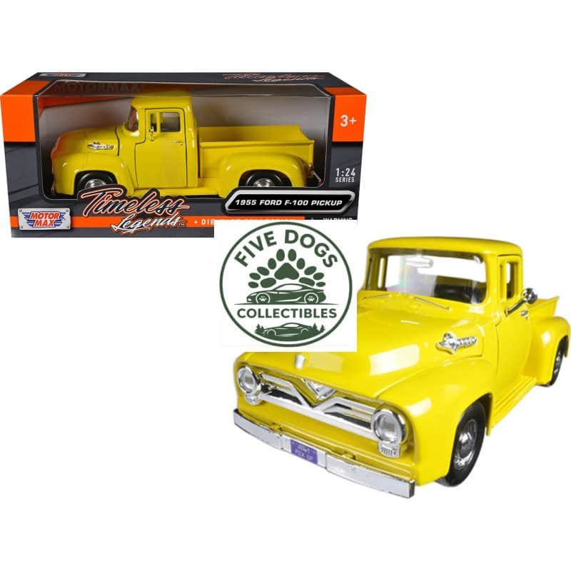 Vintage 1955 Ford F-100 Pickup die-cast collectible toy in bright yellow.