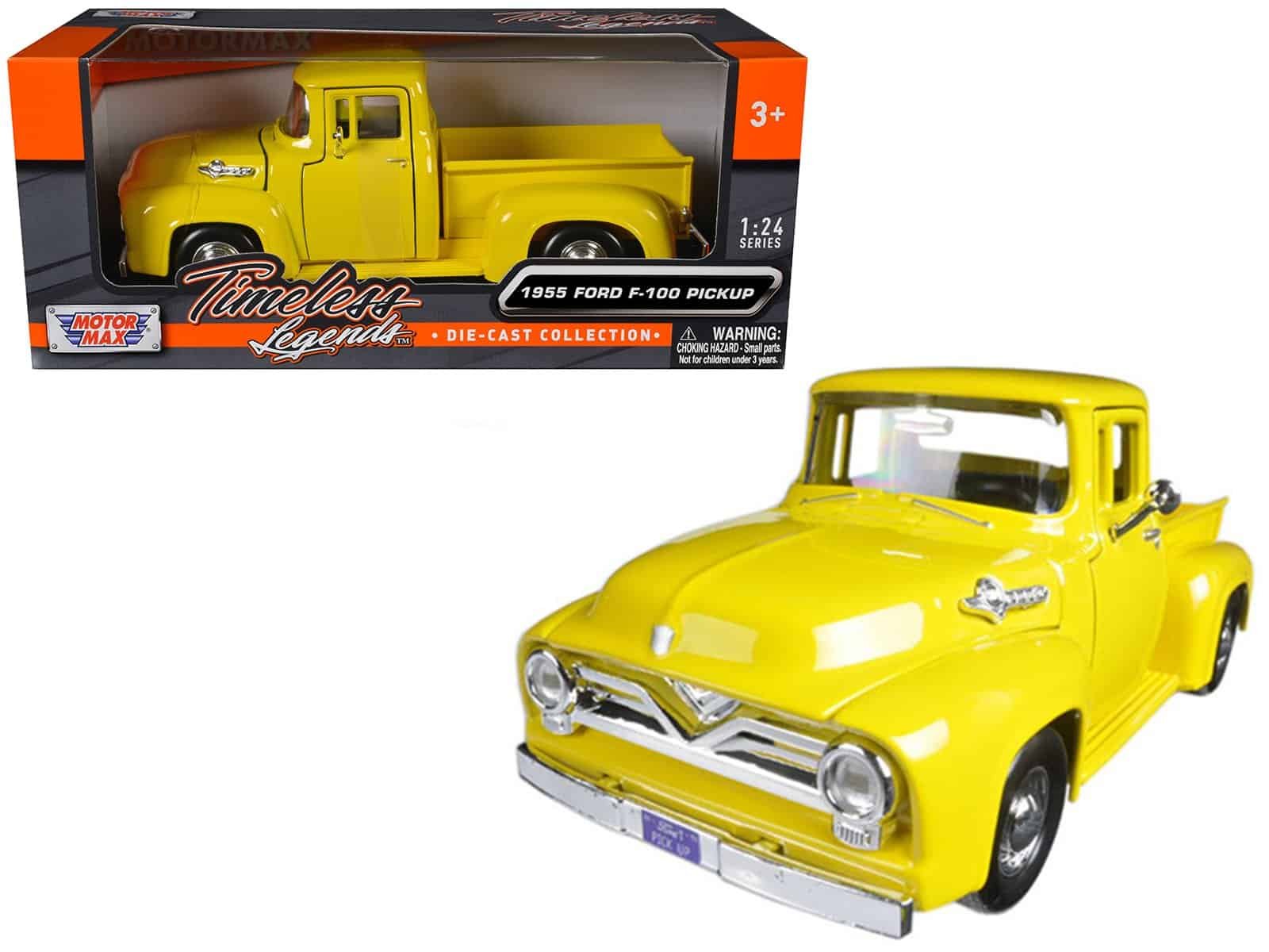 1955 Ford F-100 Pickup Die-Cast Model Vintage 1955 Ford F-100 Pickup die-cast collectible toy in bright yellow.