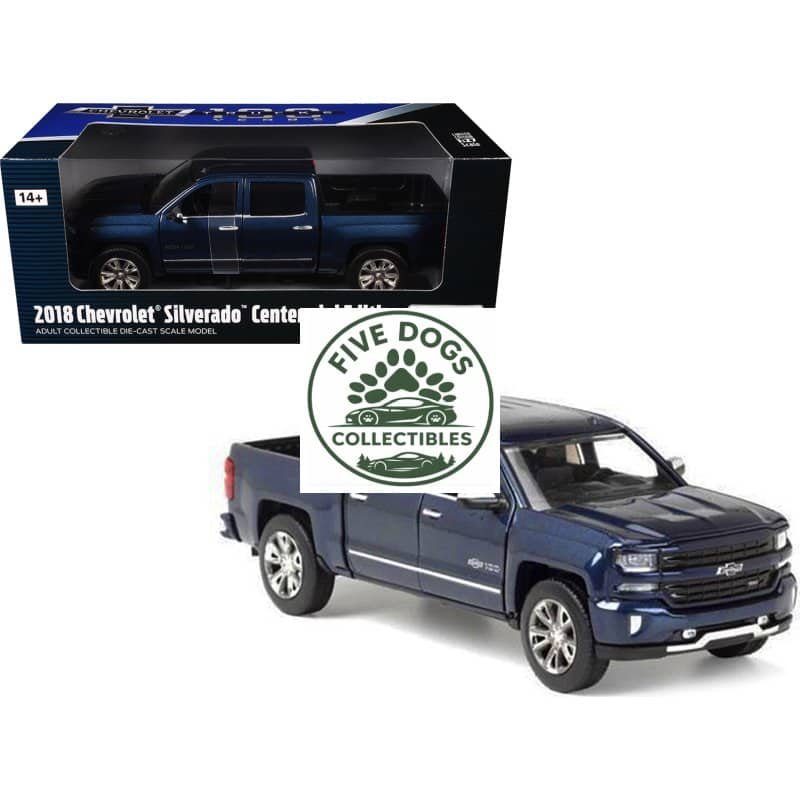 Chevrolet Silverado die-cast truck model in blue, part of the 2018 Centennial Edition collection.
