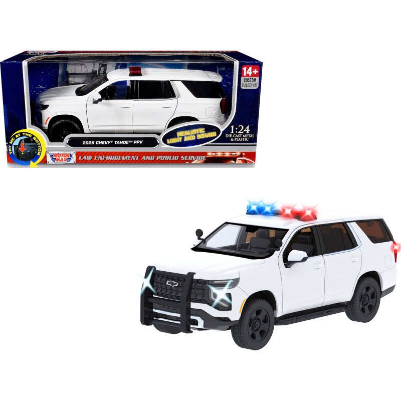 2025 chevrolet tahoe ppv white "builder's kit" with flashing light bar and front and rear lights and sounds 1/24 diecast model car by motormax
