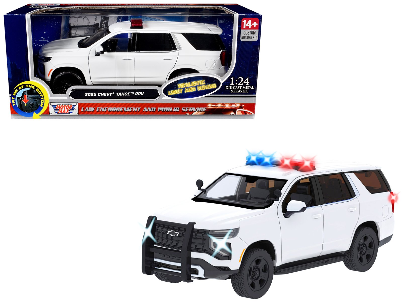 2025 chevrolet tahoe ppv white "builder's kit" with flashing light bar and front and rear lights and sounds 1/24 diecast model car by motormax 2025 chevrolet tahoe ppv white "builder's kit" with flashing light bar and front and rear lights and sounds 1/24 diecast model car by motormax