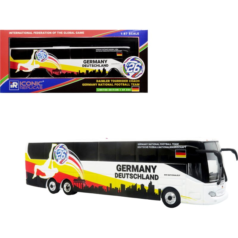 daimler tourrider coach bus "germany national football team" white with graphics "international federation of the global game" series limited edition to 504 pieces worldwide 1/87 (ho) diecast model by iconic replicas