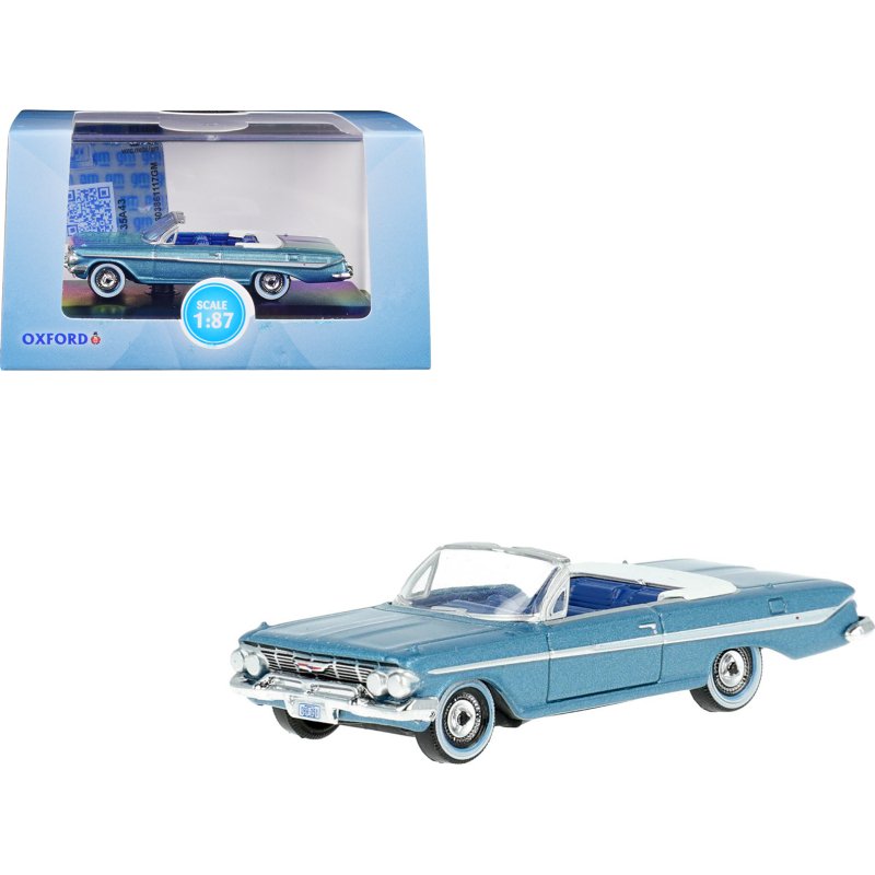 1961 chevrolet impala convertible jewel blue metallic and white with blue interior 1/87 (ho) scale diecast model car by oxford diecast