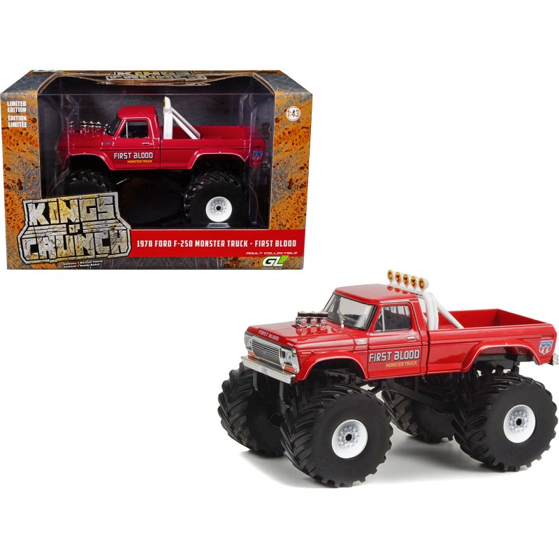 1978 ford f 250 monster truck with 66 inch tires "first blood" red "kings of crunch" series 1/43 diecast model car by greenlight