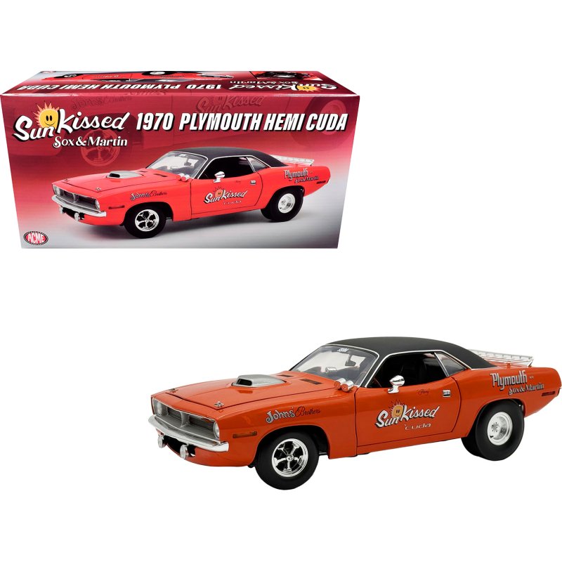 1970 plymouth hemi cuda "sun kissed cuda sox & martin" vitamin c orange with black vinyl top limited edition to 444 pieces worldwide 1/18 diecast model car by acme