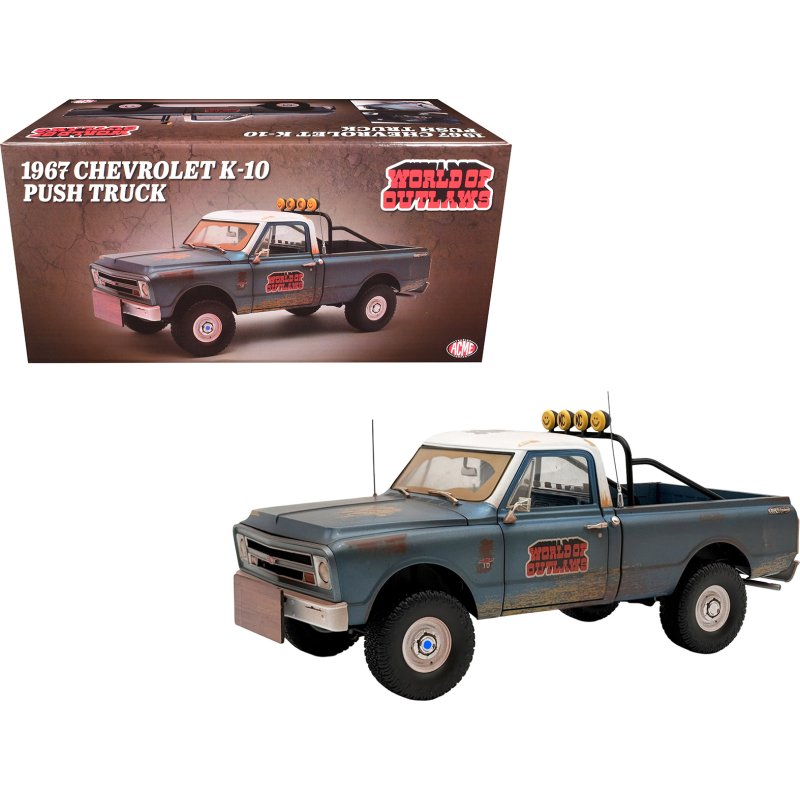 1967 chevrolet k 10 pickup truck "world of outlaws push truck" blue (rusted) with white top limited edition to 378 pieces worldwide 1/18 model car by acme