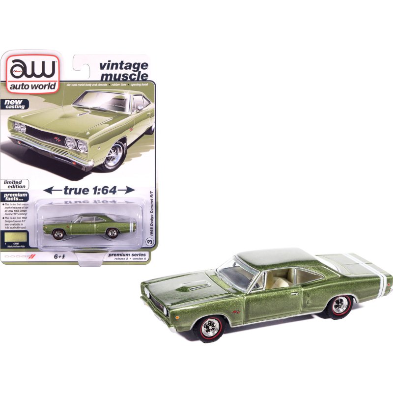 1968 dodge coronet r/t medium green metallic with white interior "vintage muscle" series 1/64 diecast model car by auto world
