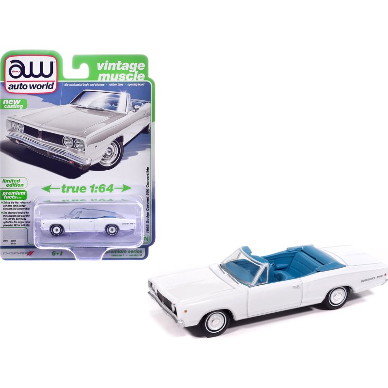 1968 dodge coronet 500 convertible white with blue interior "vintage muscle" series 1/64 diecast model car by auto world